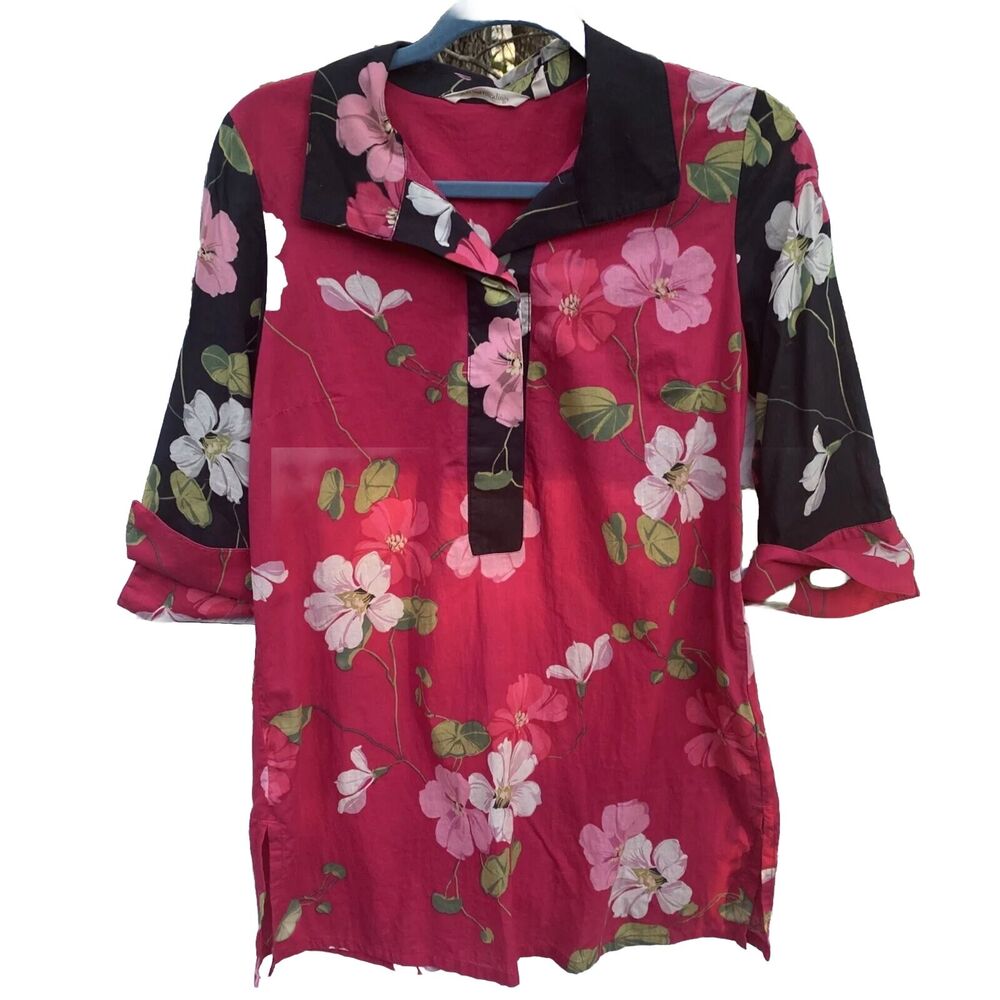 Soft Surroundings Women’s Tunic Top XS Pink Black Floral Cotton Popover Feminine